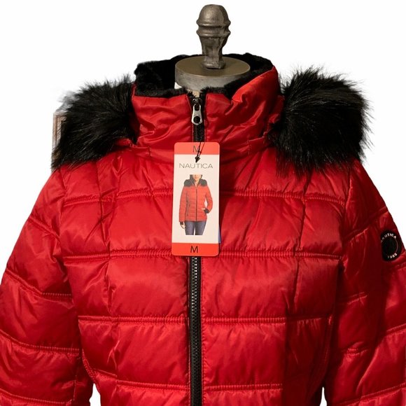 NAUTICA Red Jacket Quilted Puffer Coat Faux Fur Trimmed Hood Choice of Size - Picture 2 of 5